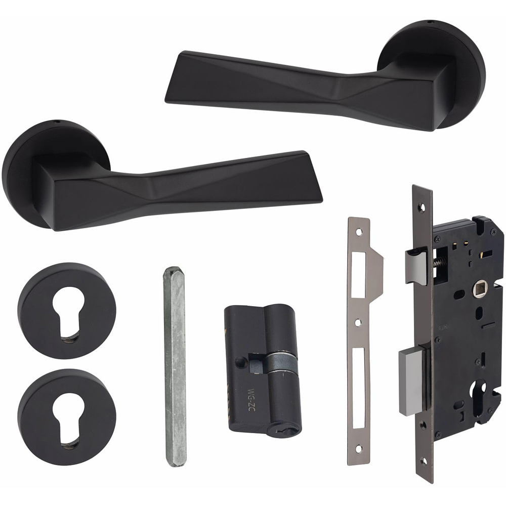 Golden Grace Modern Aura Matt Black Euro Lock Door Handles Set Image 1