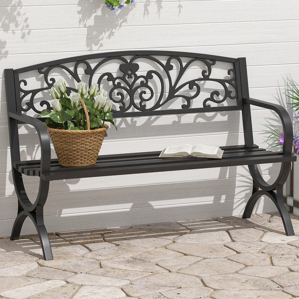 Outsunny 2 Seater Black Metal Bench with Armrest Image 1