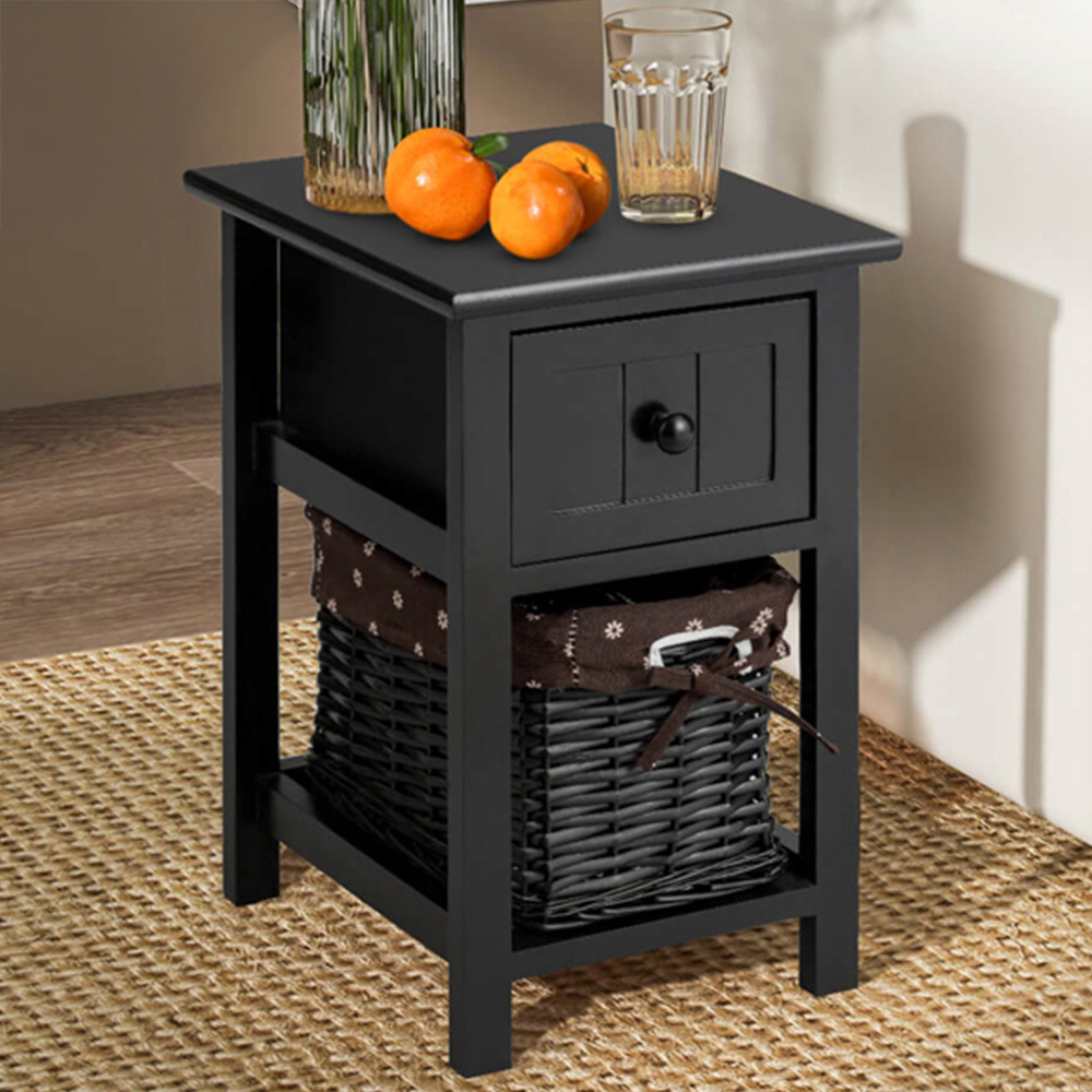 Costway Single Drawer Single Shelf Black Wood Side Table with Basket Image 1