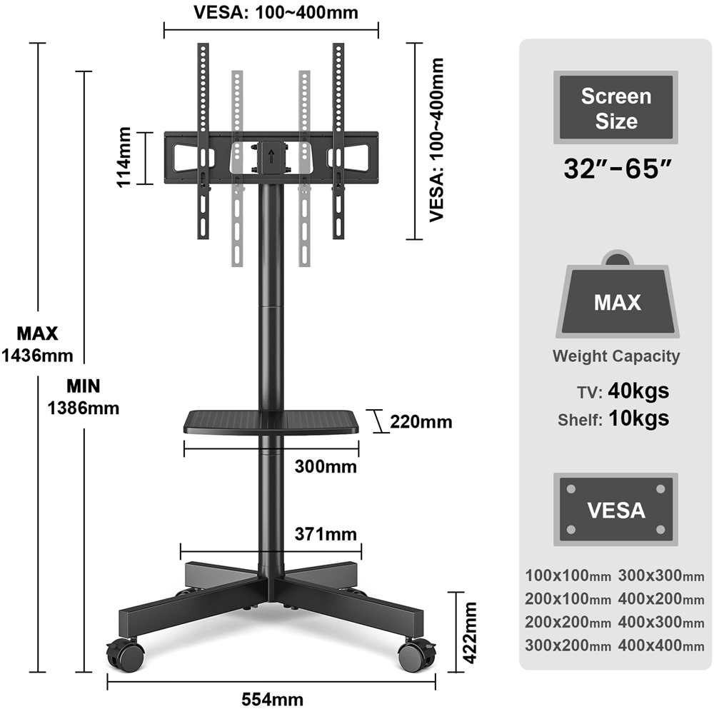 TTAP Black Single Shelf TV Cart and Monitor Mount Stand Image 5