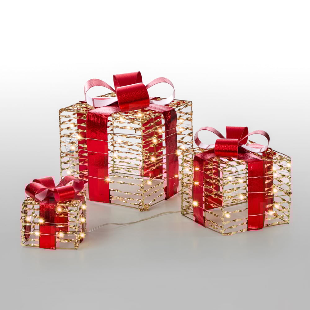 The Christmas Workshop 60 Warm White LED Gold and Red Gift Box Decoration Set of 3 Image 2