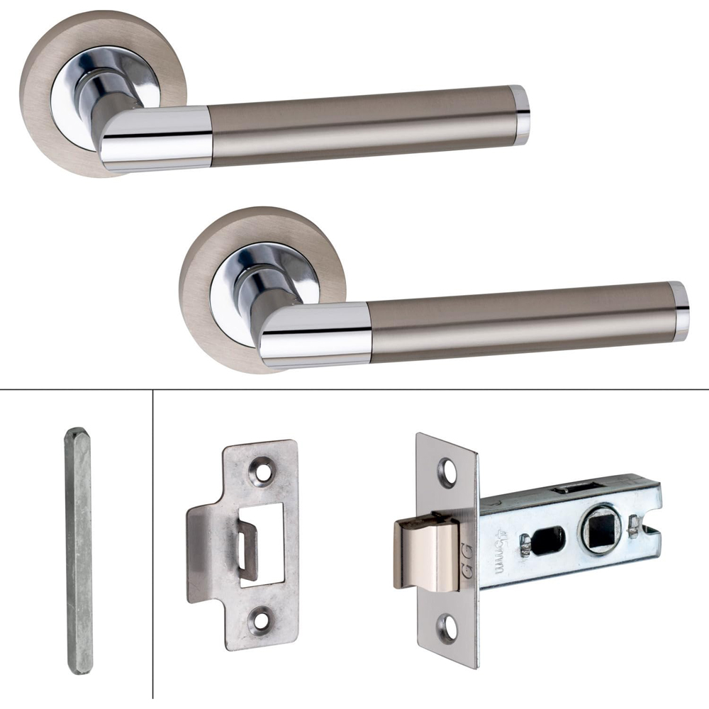 Golden Grace Mitred Satin Nickel Polished Chrome Door Handle Pair with Tubular Latch 52mm 6 Pack Image 2