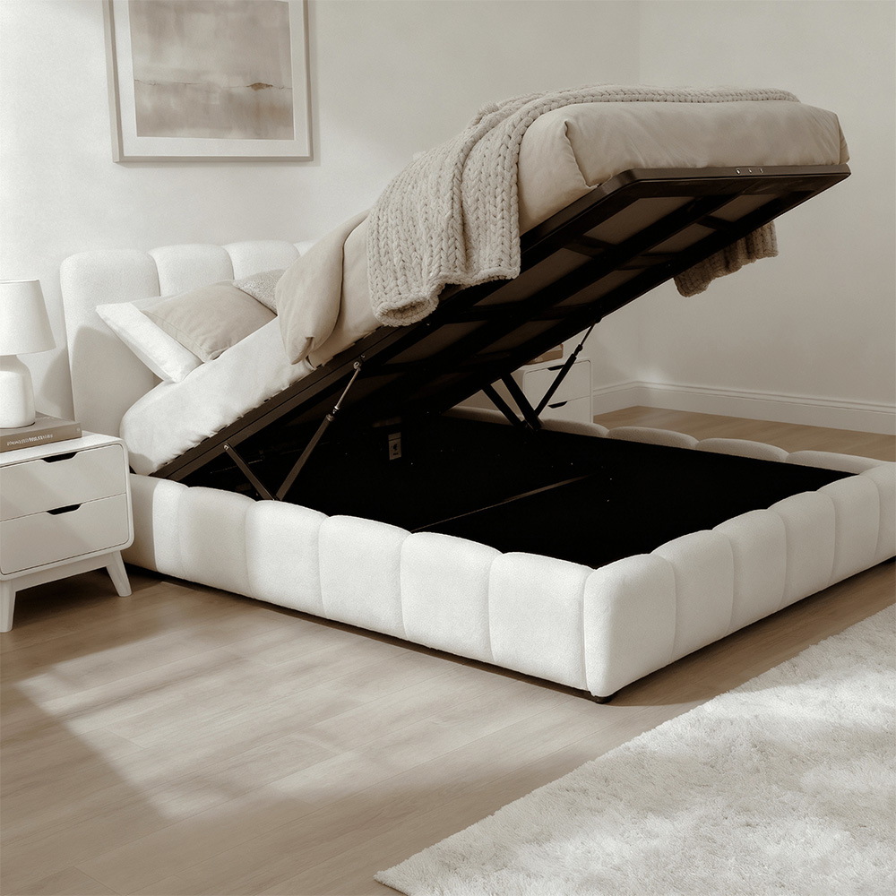Home Source Bubble Double White Textured Velvet Lift-Up Ottoman Bed with Fluted Headboard Image 7