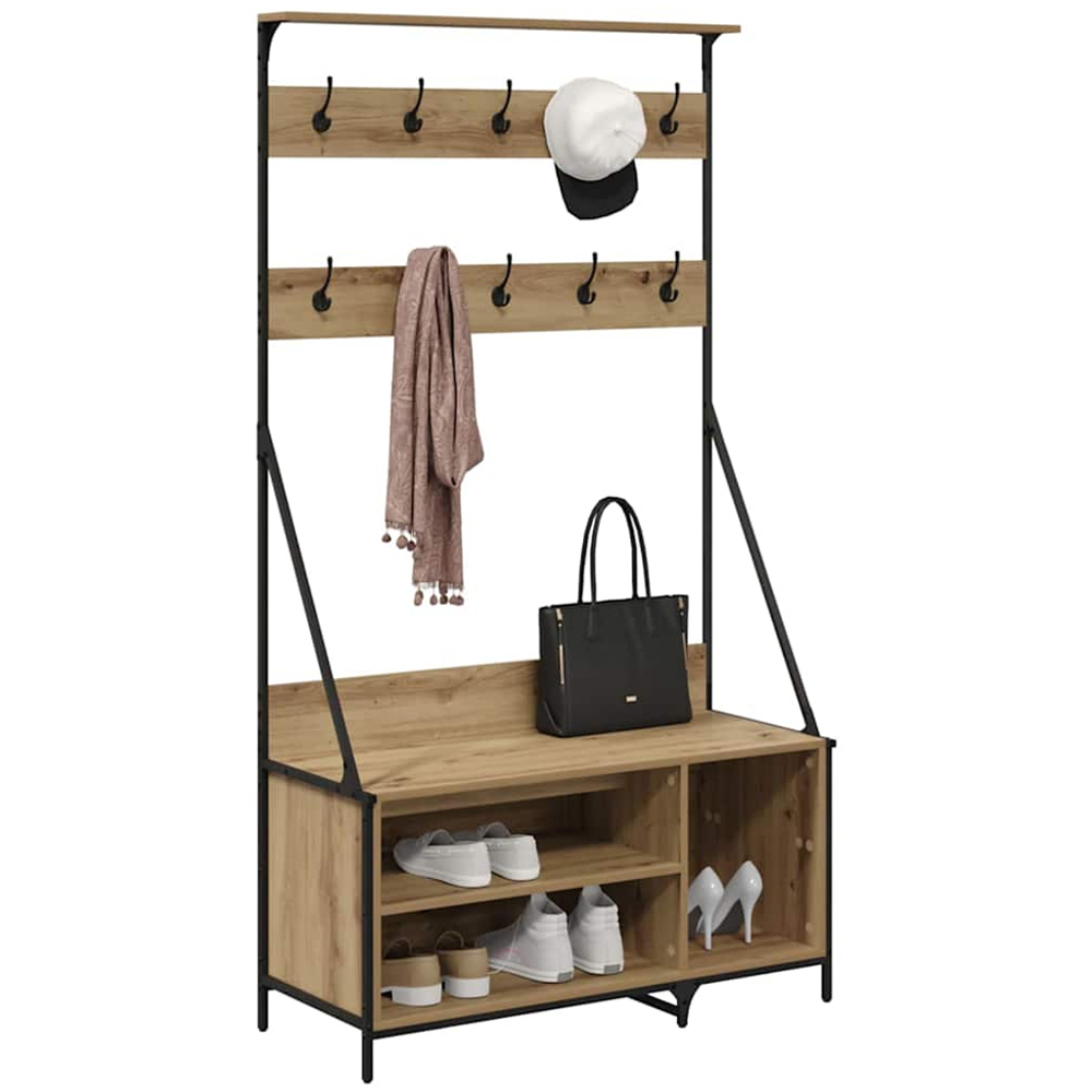 vidaXL 2 Shelf Artisan Oak Clothes Rack with Hanging Hooks Image 3