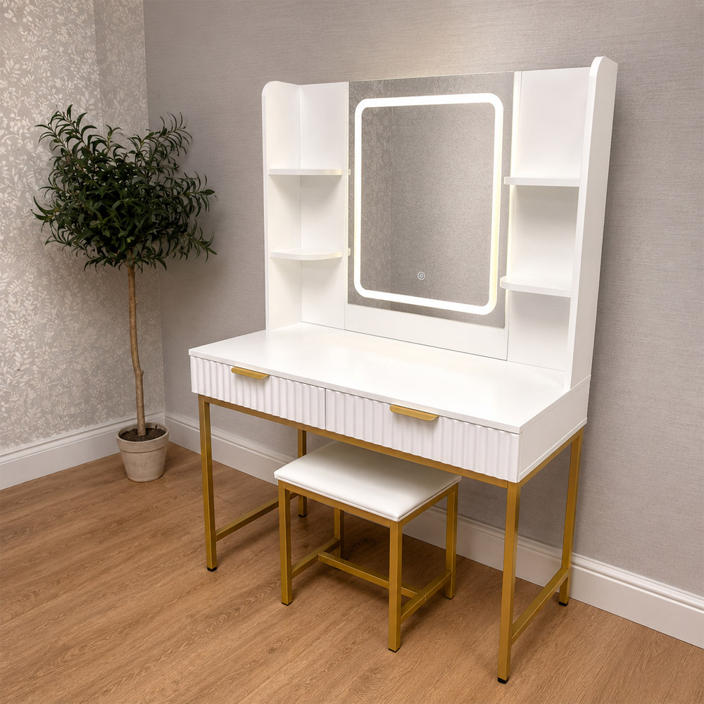 Kosy Koala Annabelle 2 Drawer 4 Shelf White and Gold Dressing Table Set with LED Mirror Image 6