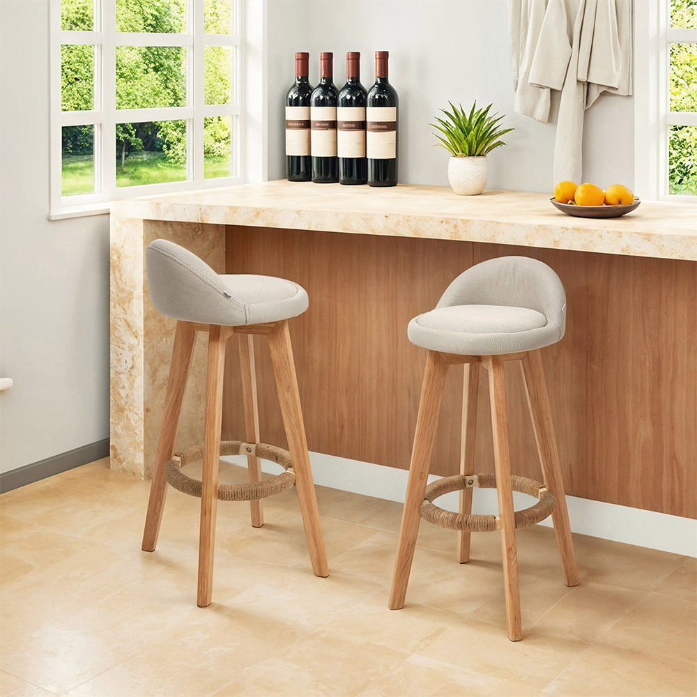Living and Home Set of 2 Beige Linen Bar Stools with Wood Legs Image 7