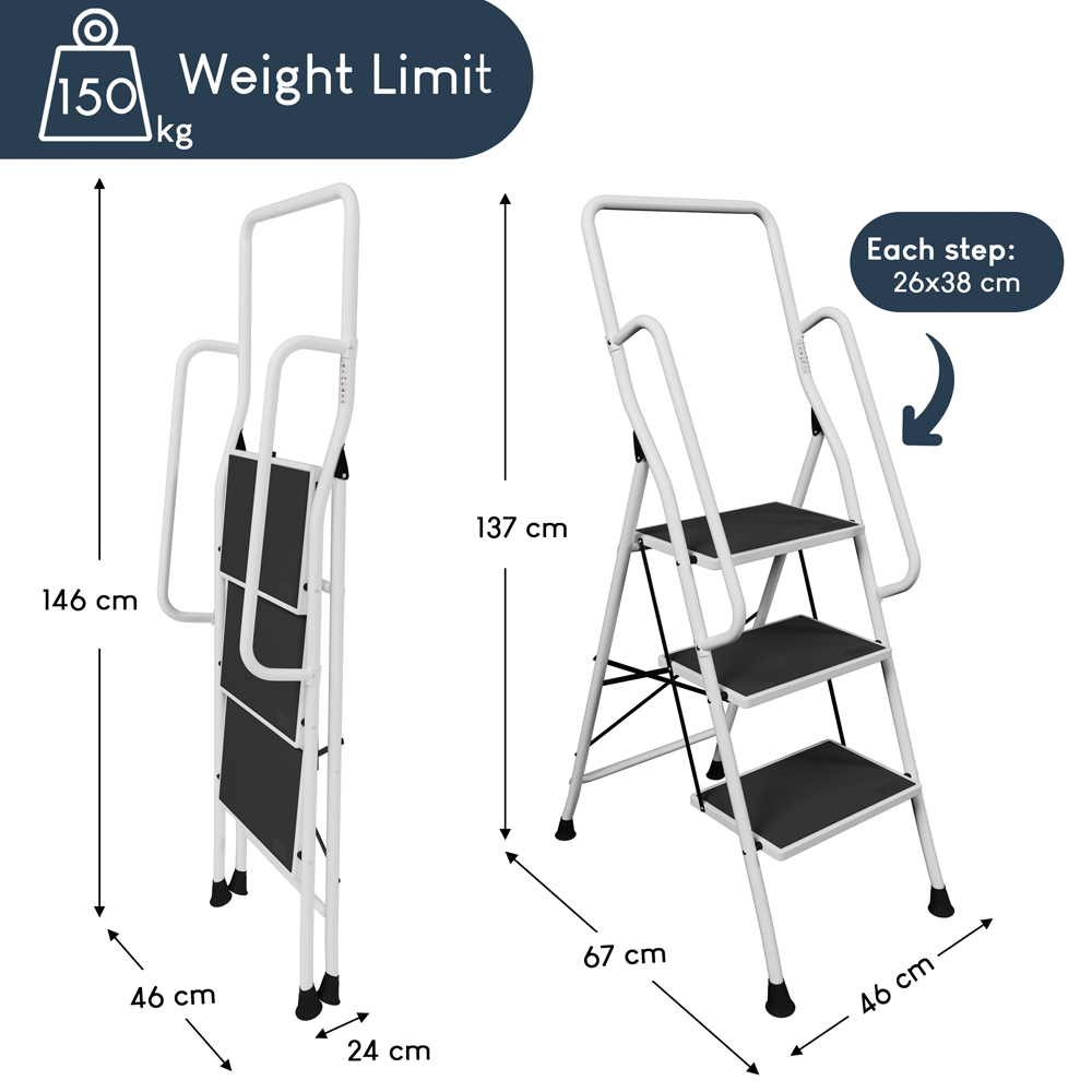 HOME VIDA 3 Step White Ladder with Handrail Image 9