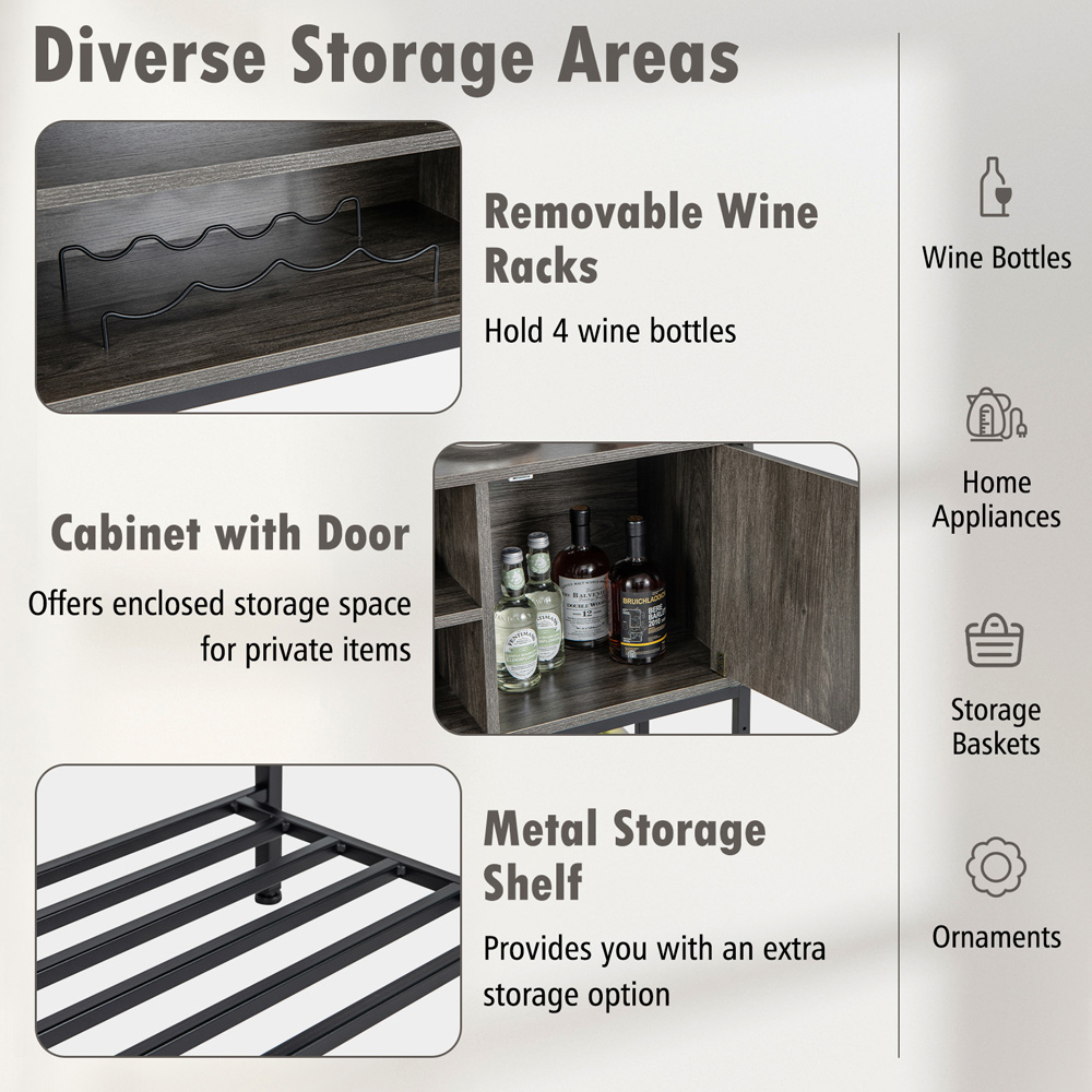 Costway Single Door 3 Shelf Grey Sideboard with Wine Rack Image 7