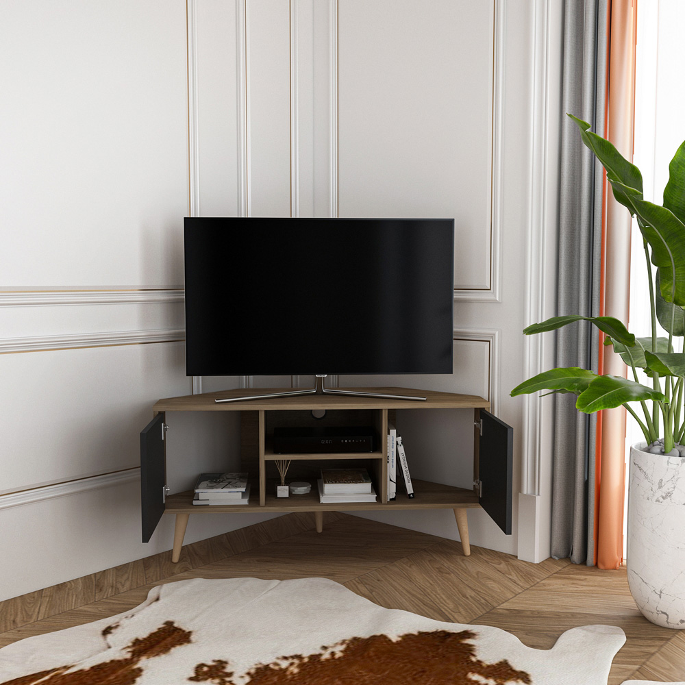Decorotika Lesson 2 Door 2 Shelf Walnut and Black Corner TV Stand Image 3