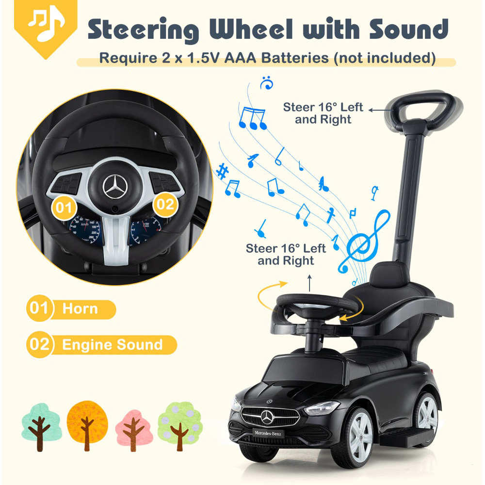 Costway 3-in-1 Kids Black Ride On Push Car with Adjustable Canopy and Steering Push Bar Image 6