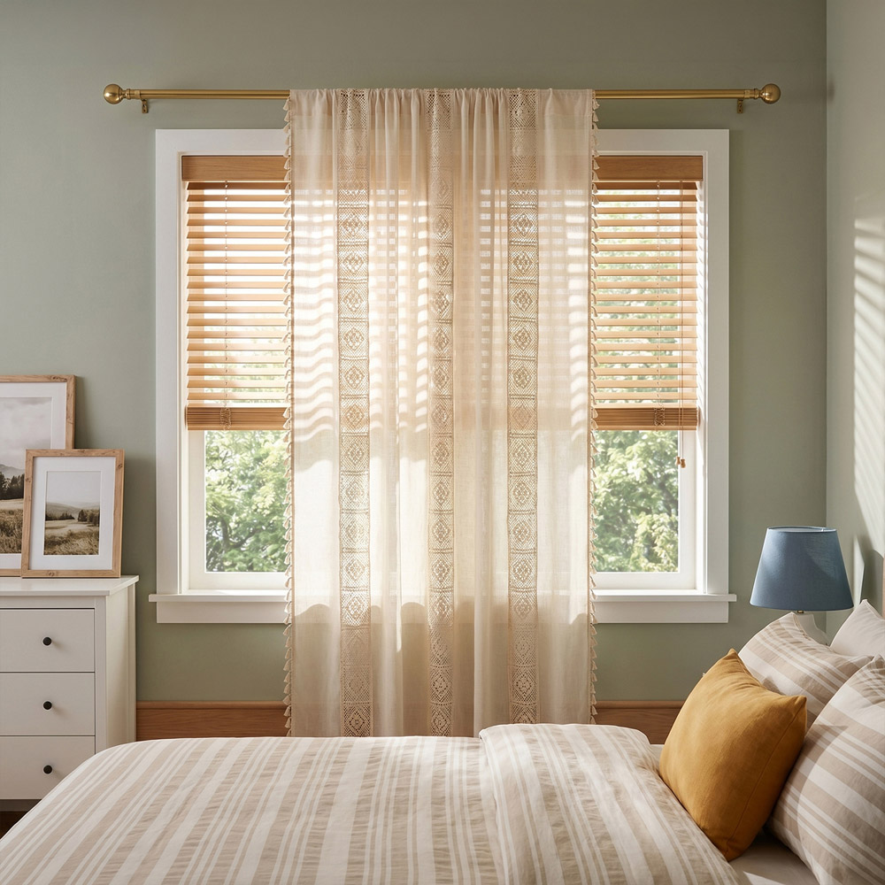 Living and Home Beige Bohemian Semi Sheer Diamond Pattern Curtain 200 x 150cm Image 8