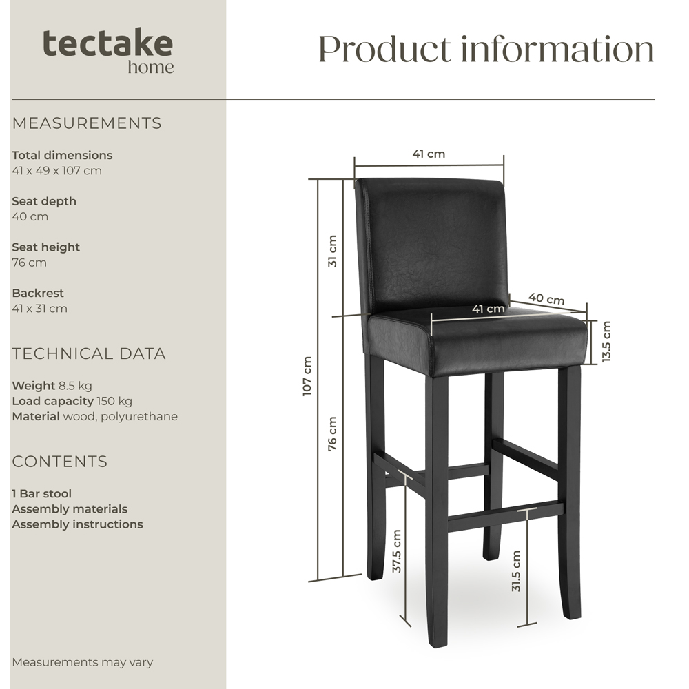 Tectake Black Leather Padded Bar Stool Image 8
