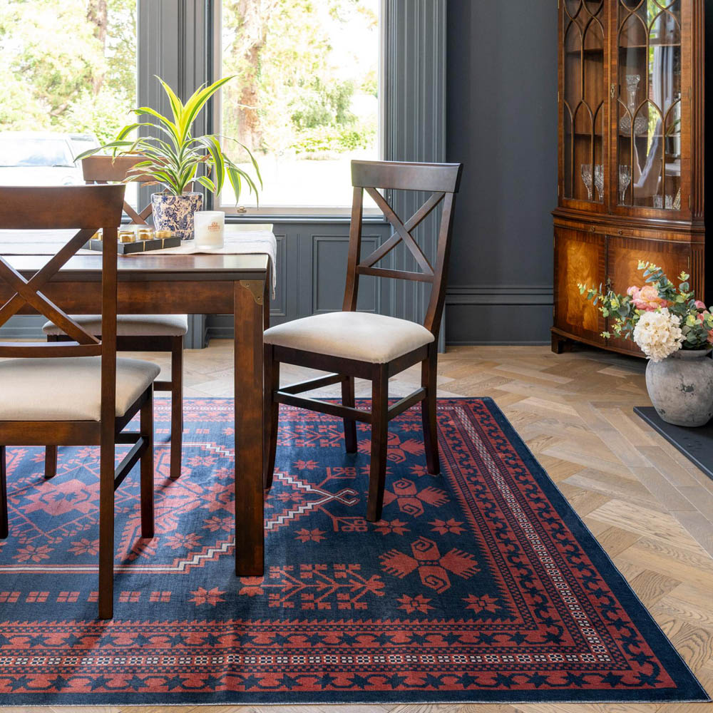 Kukoon Asha Red and Navy Flat Persian Style Vintage Rug 240 x 330cm Image 1