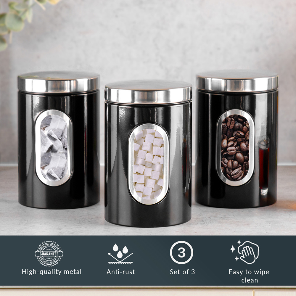 Innoteck Essentials 3 Piece Black Kitchen Canister Set with Lid Image 4