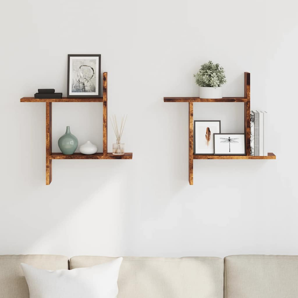 vidaXL 3 Shelf Smoked Oak Wall Shelf Set of 2 Image 2