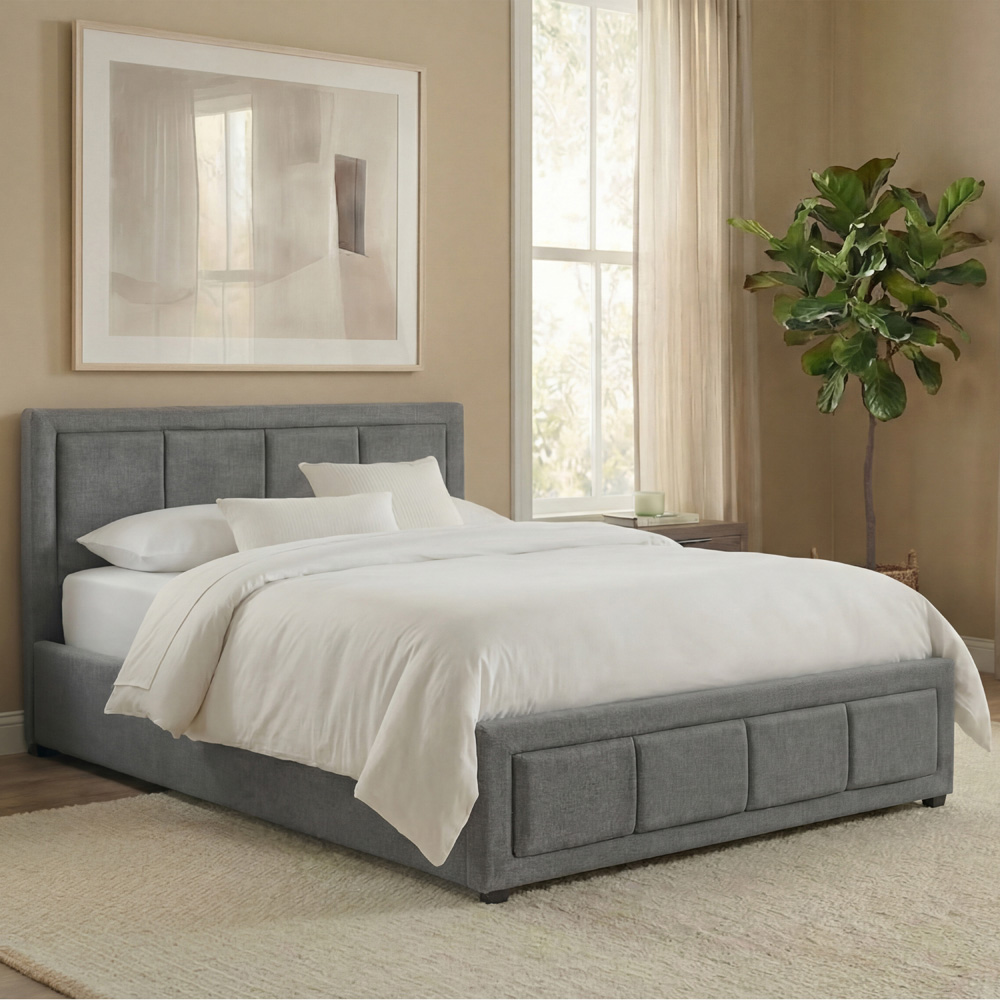 VIDA DESIGNS Vanita Single Light Grey Linen Ottoman Bed with Padded Headboard Image 1