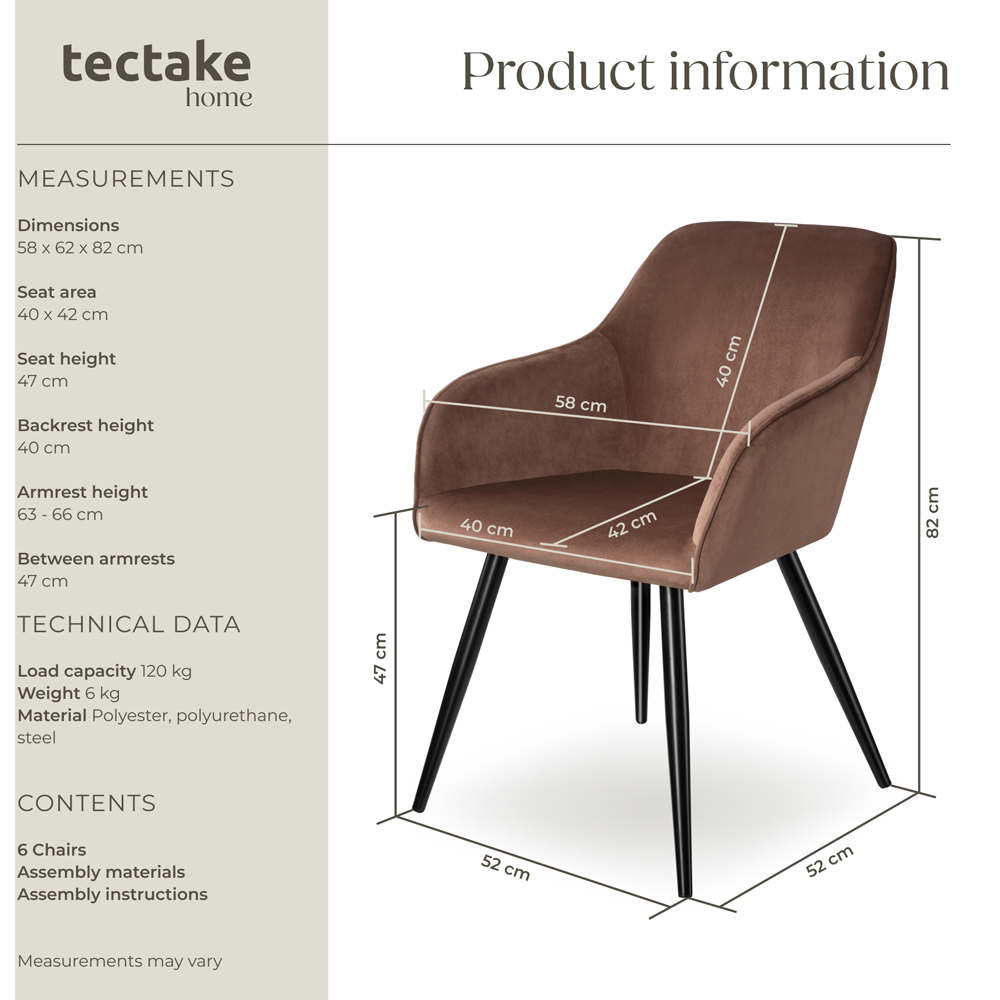 tectake Marilyn Set of 6 Brown and Black Velvet Look Padded Dining Chairs Image 9