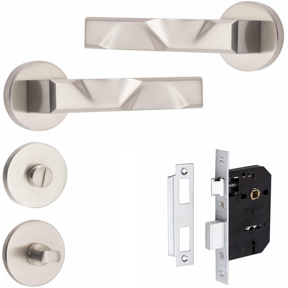 Golden Grace Satin Nickel Modern Nova Premium Bathroom Door Handle Set Image 1
