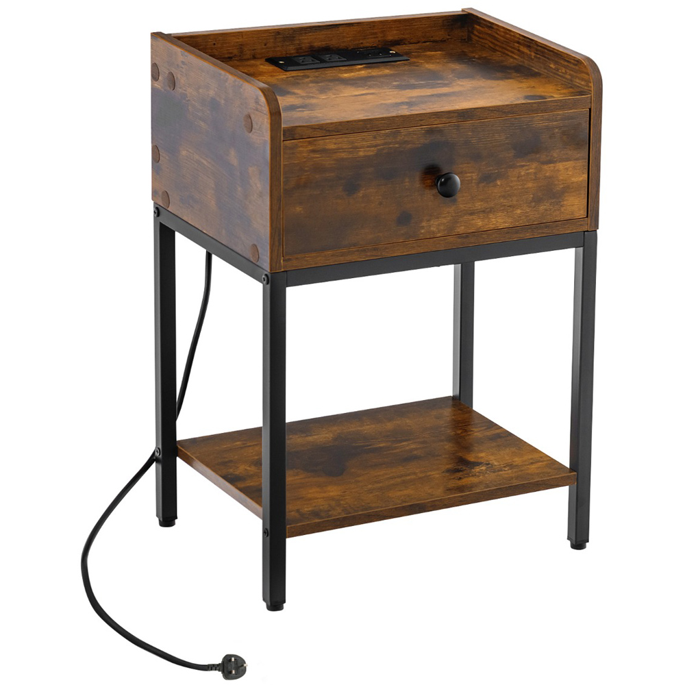 Costway Rustic Brown Nightstand with Charging Station Image 2
