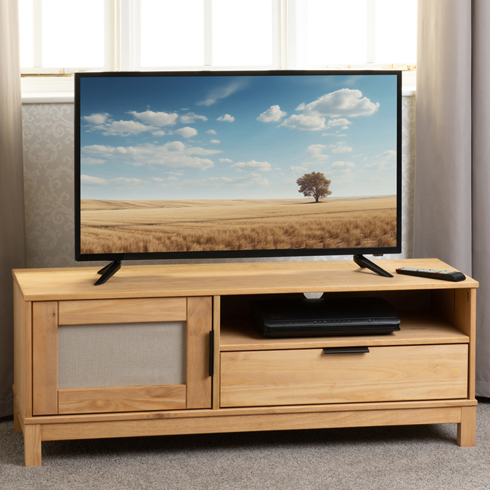 Seconique Corona Single Door Single Drawer Single Shelf Wax Pine Rattan TV Unit Image 1