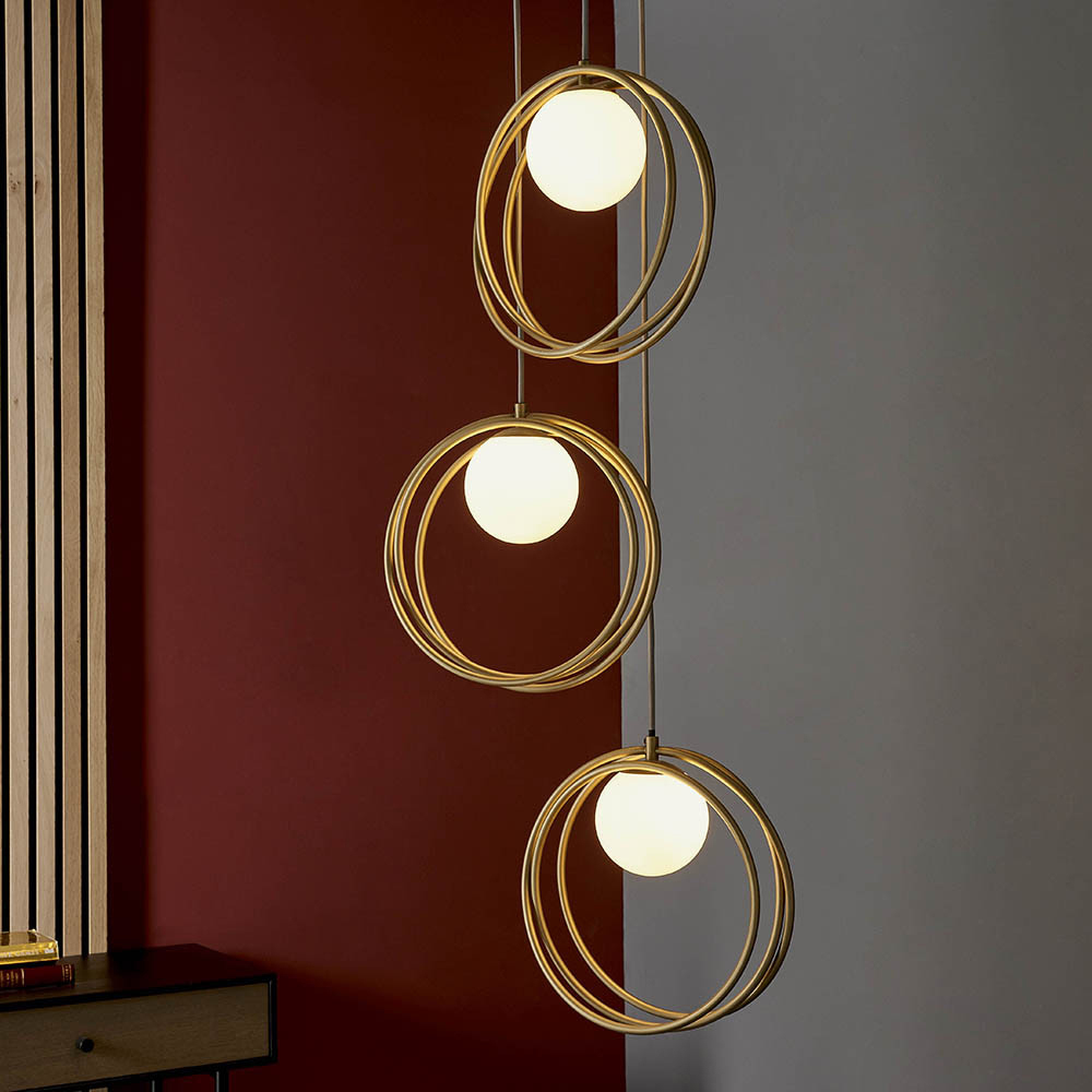 Merano Bergamo Gloss Opal Glass Shade Brushed Gold 3 Light Pendant Light Image 2