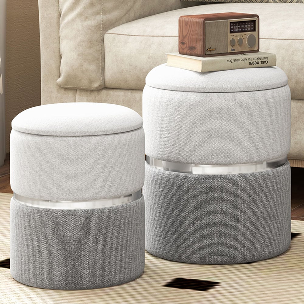 Costway Grey Round Linen Storage Ottoman Set of 2 Image 1