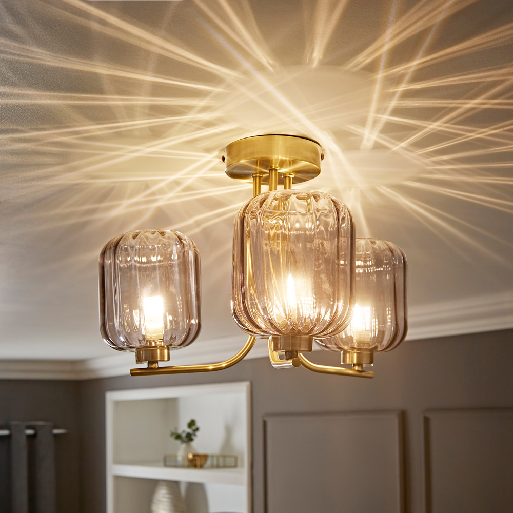 ValueLights Amelie 3 Way Ribbed Glass Gold Stem LED Ceiling Pendant Light Image 2