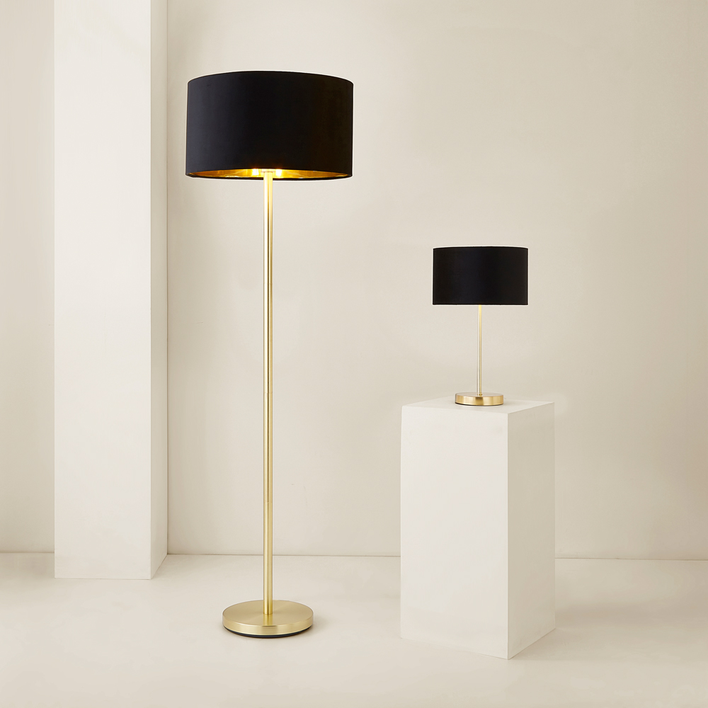 ValueLights Charlie Black Velvet and Metallic Shade Gold Floor Lamp and Bulb Image 6
