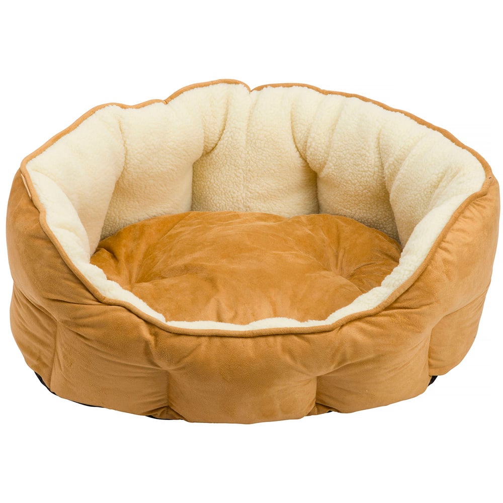 House Of Paws Small Happy Pet Tan Faux Sheepskin Brown Oval Dog Bed Image