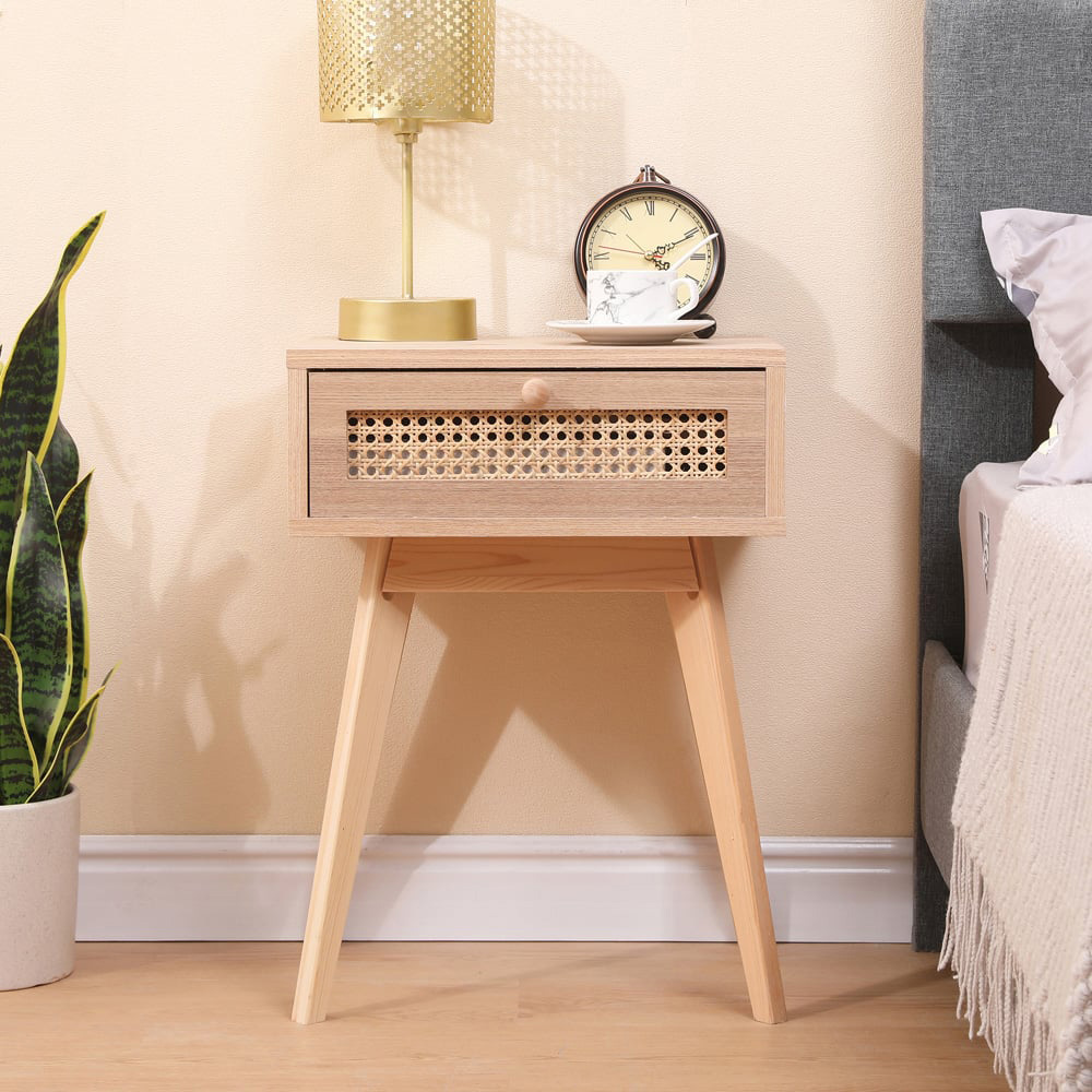 FurnitureHMD Single Drawer Natural Rattan Weaving Side Table with Pine Wood Legs Image 7