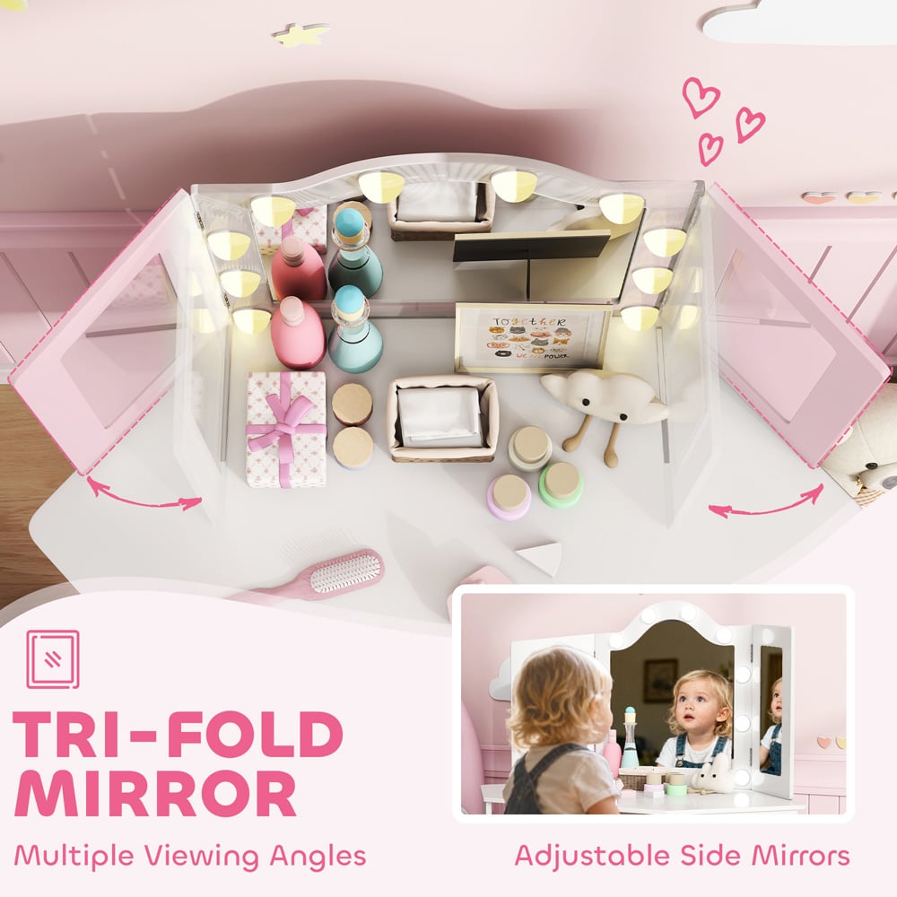 AIYAPLAY 2 Piece White LED Tri Folding Mirror Kids Vanity Table and Stool Set Image 6