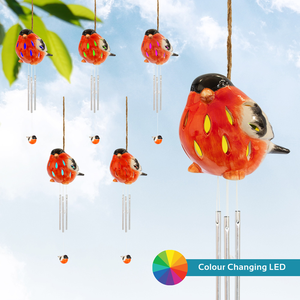 GardenKraft Colour Change LED Solar Bullfinch Wind Chime Light Wilko