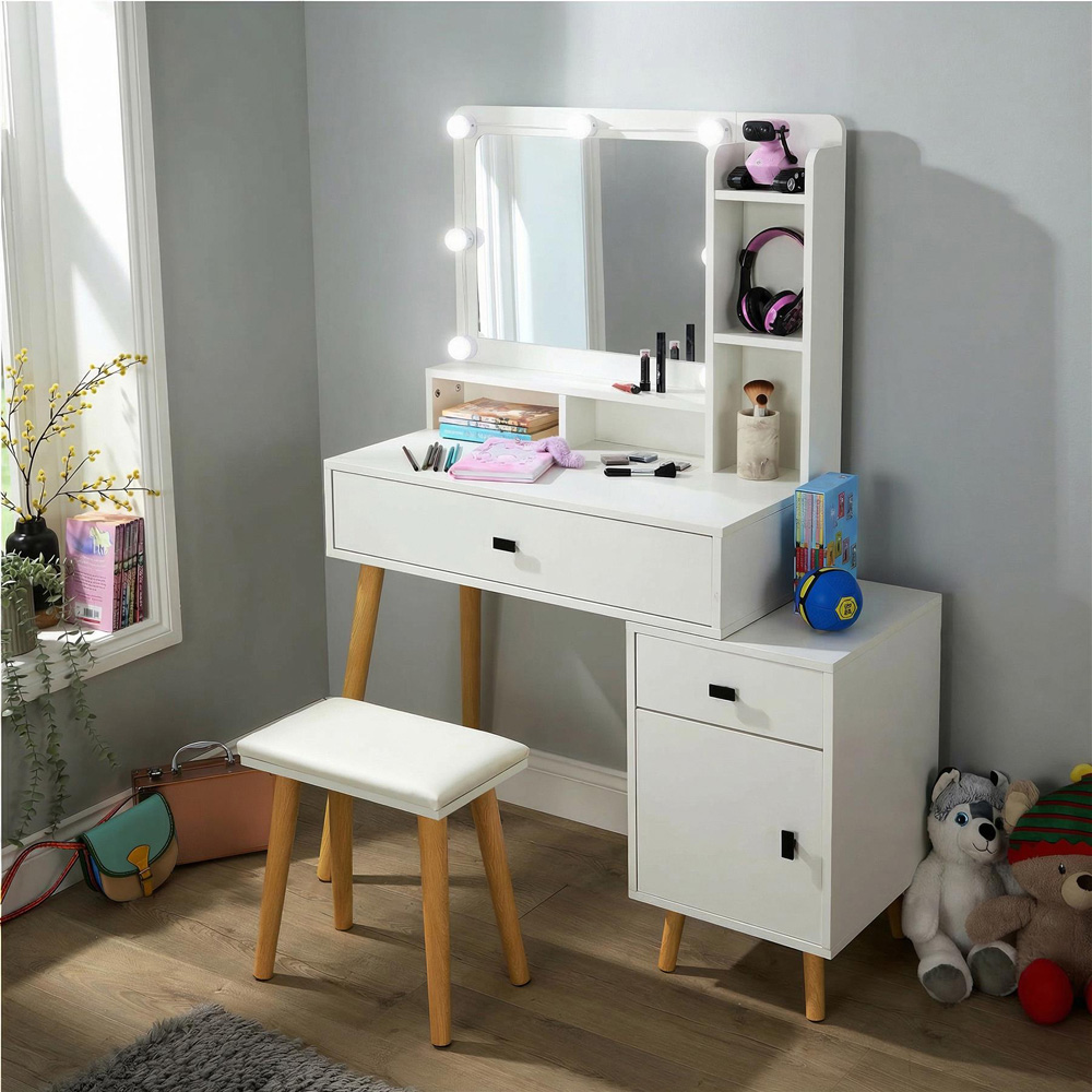 Home Source Forta Single Door 2 Drawer White Vanity Table and Stool Set with Light-Up Mirror Image 9
