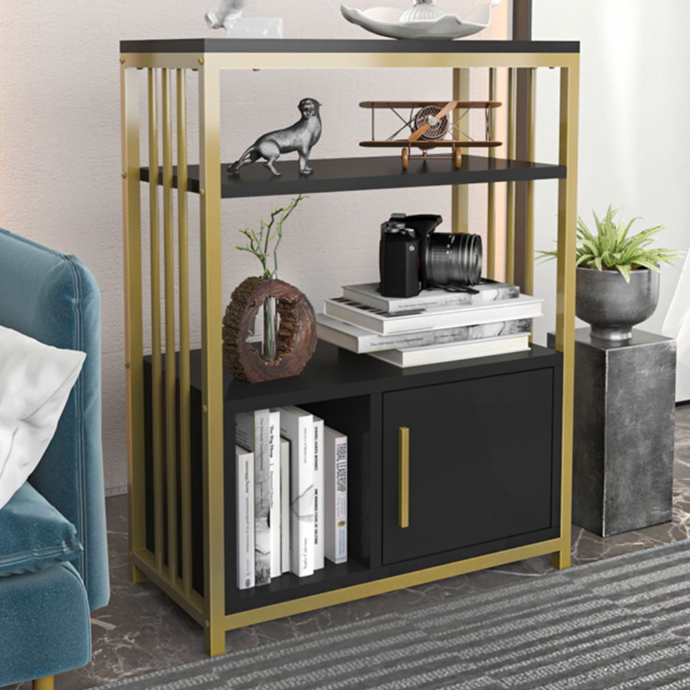 Decorotika Letos Single Door 3 Shelf Anthracite and Gold Bookshelf Image 1