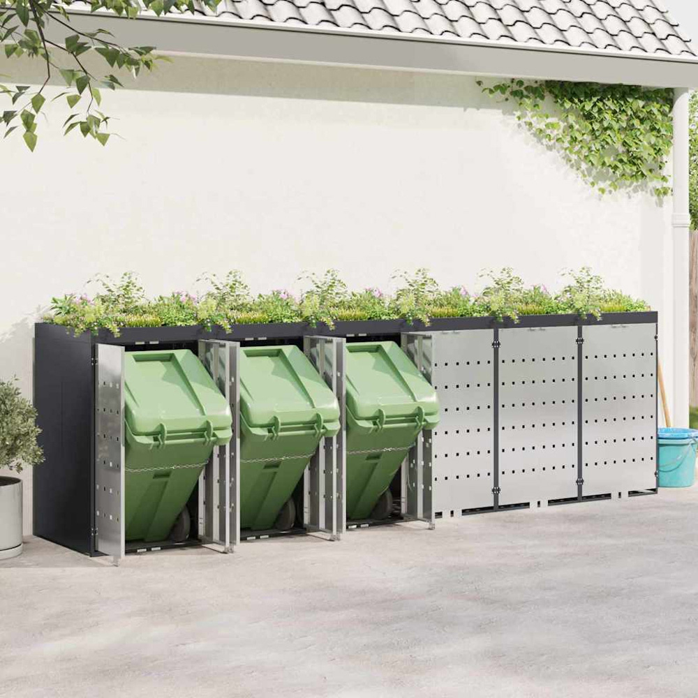 vidaXL Anthracite 6 Wheelie Bin Storage Shed with Stainless Steel Door and Planter Roof Image 2