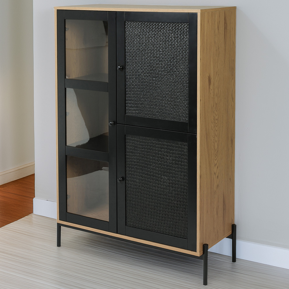 H&O Direct 3 Door Glass and Straw Storage Cabinet Image 1