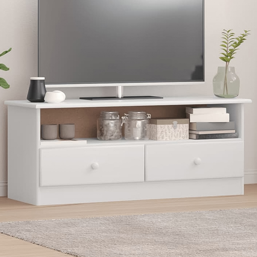 vidaXL 2 Drawer Single Shelf White Solid Pine Wood TV Cabinet Image 1