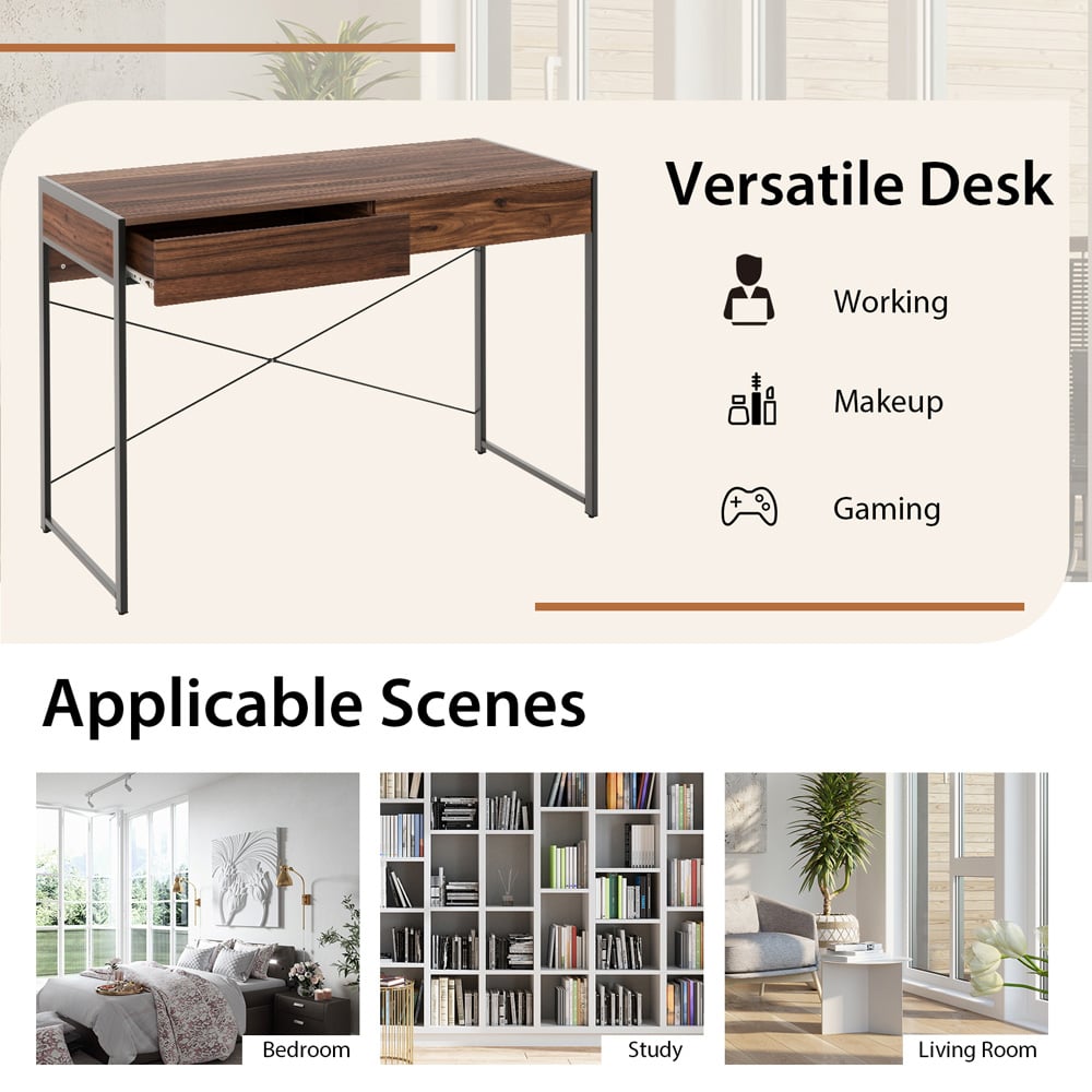 Costway 2 Drawer Wooden Study Computer Desk Brown Image 7