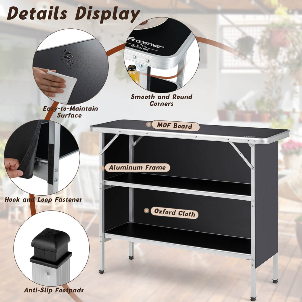 Costway Black Aluminium Lightweight Folding Picnic Table with Shelves Image 4