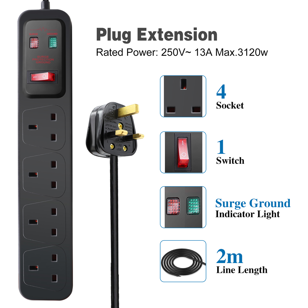 ExtraStar 4 Gang 13A Black Switched Surge Protected Extension Lead 2m Image 2