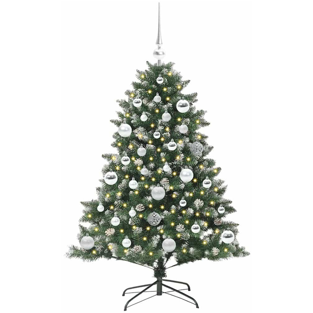 vidaXL Pre-Lit Silver Bauble Pinecones Green Snow Flocked Artificial Christmas Tree 4ft Image 1