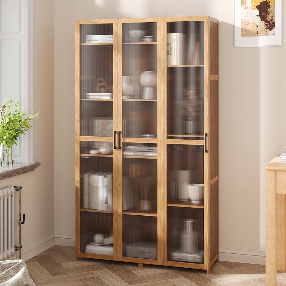 Living and Home 3 Door Brown and Natural Tall Acrylic Storage Cabinet with Adjustable Shelves Image 7