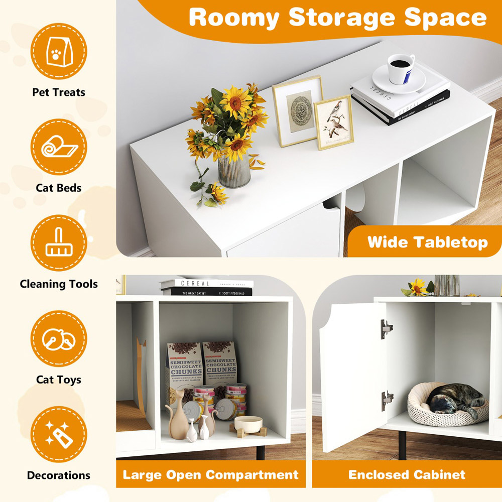 Costway White Cat Litter Box Enclosure with Storage and Scratching Board Image 6