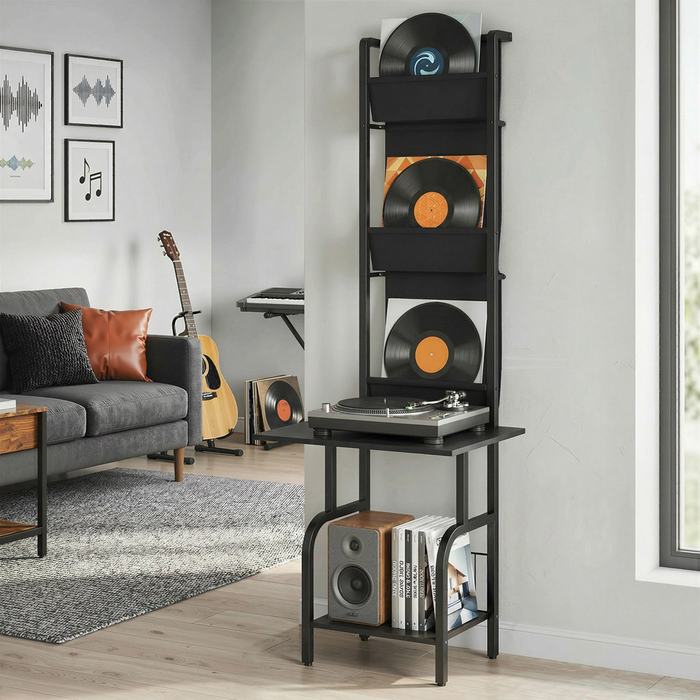HOMCOM Black Vinyl Record Player Stand with Oxford Pockets Image 2