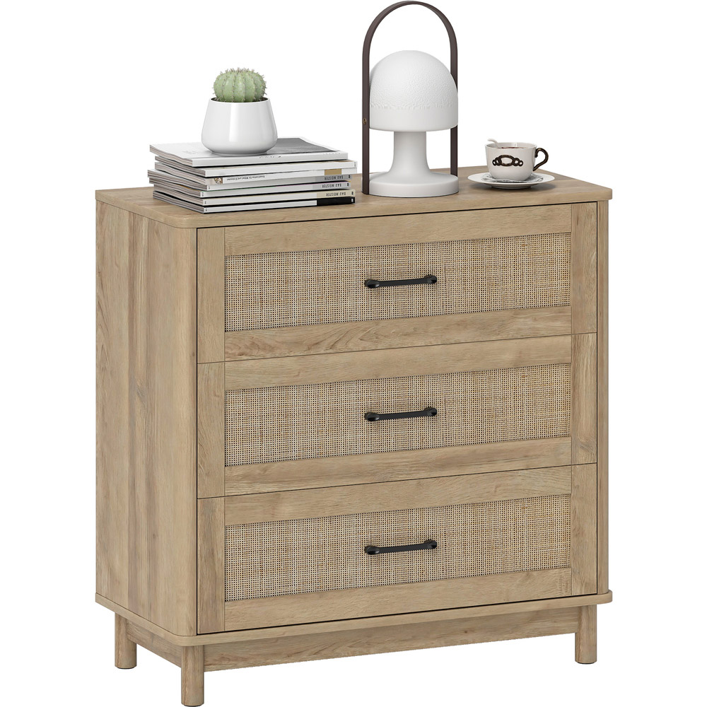 Portland 3 Drawer Oak Rattan Wide Chest of Drawers Image 2