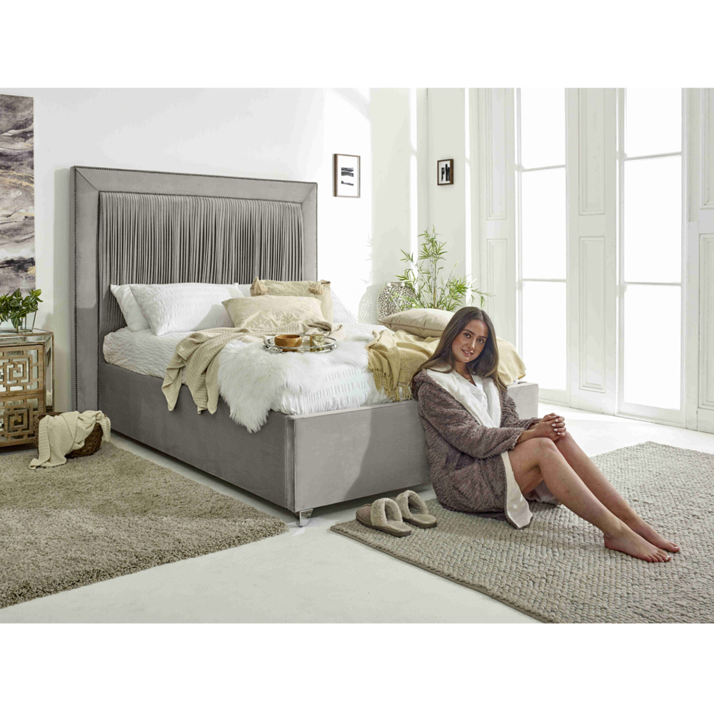 Eleganza Alexandra Single Silver Plush Velvet Bed Frame with Pleated Headboard Image 5