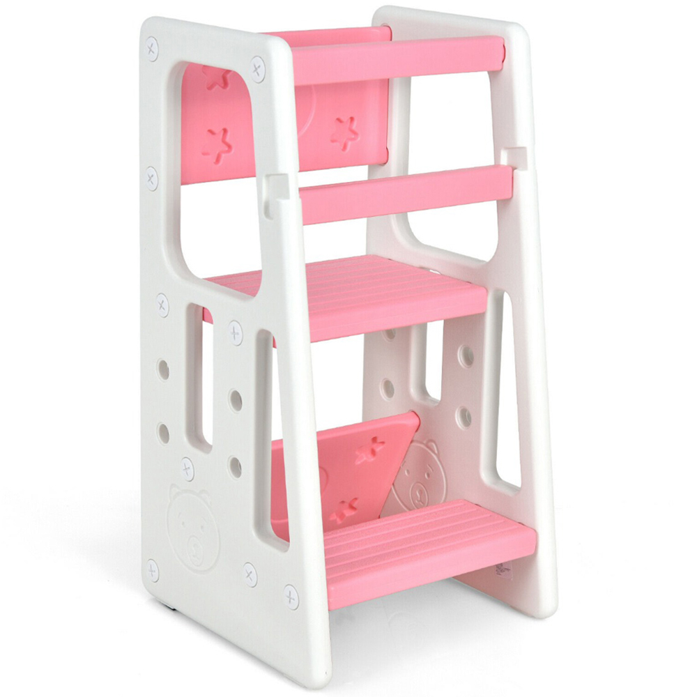 Costway Kids Pink Kitchen Step Stool with Safety Rails Image 3