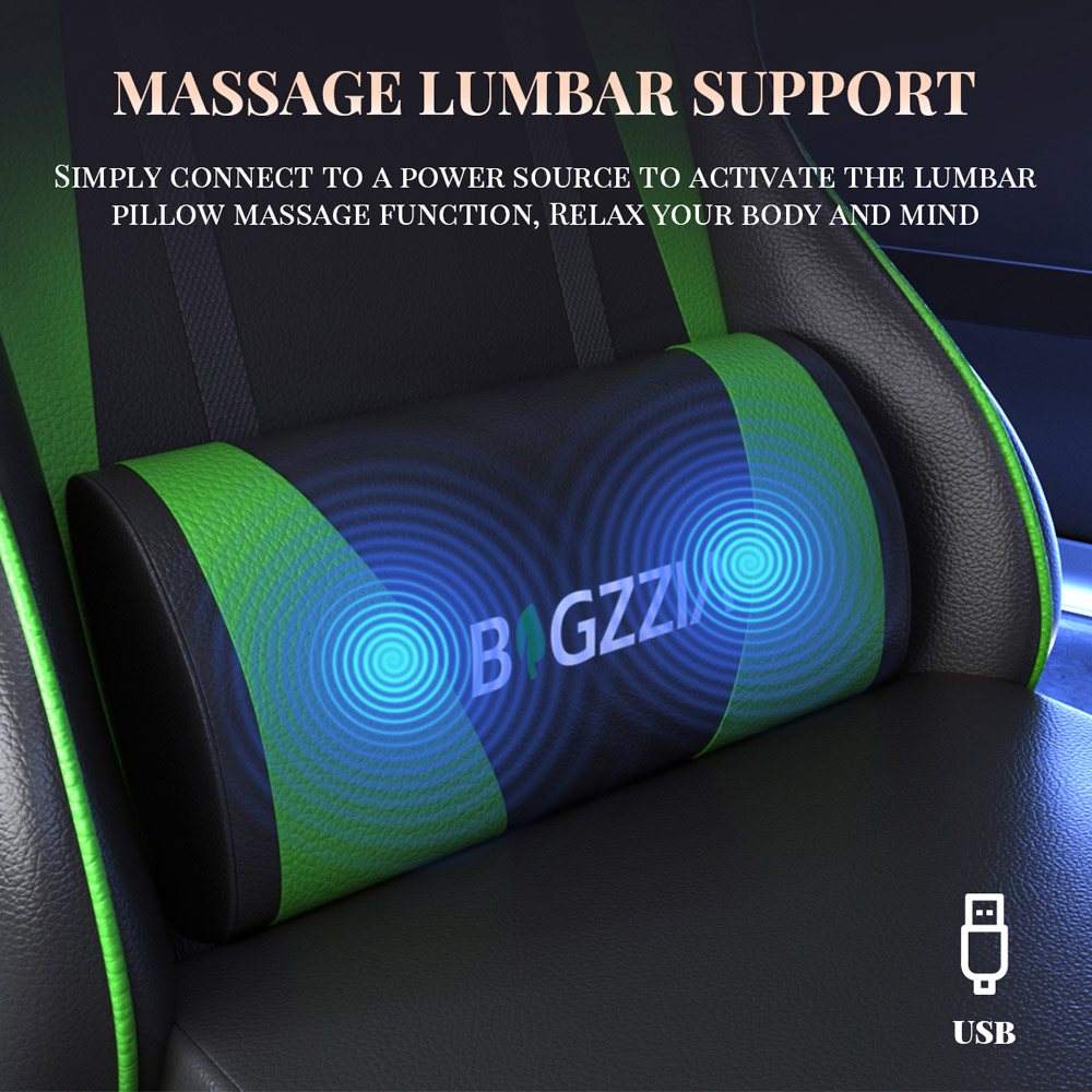 Rattrix Green Reclining Gaming Chair with Massage Lumbar Cushion and Footrest Image 4