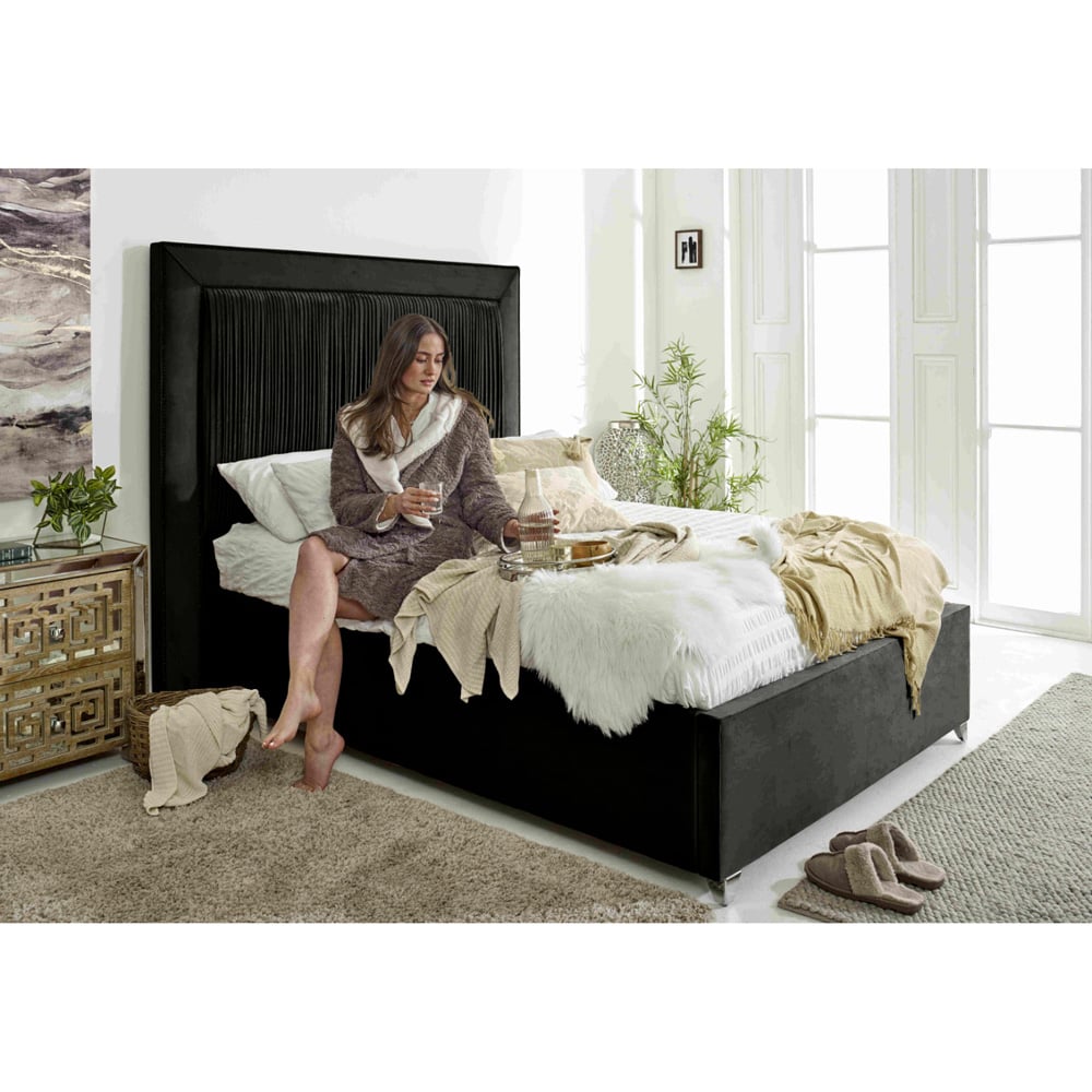 Eleganza Alexandra Double Black Plush Velvet Bed Frame with Pleated Headboard Image 4