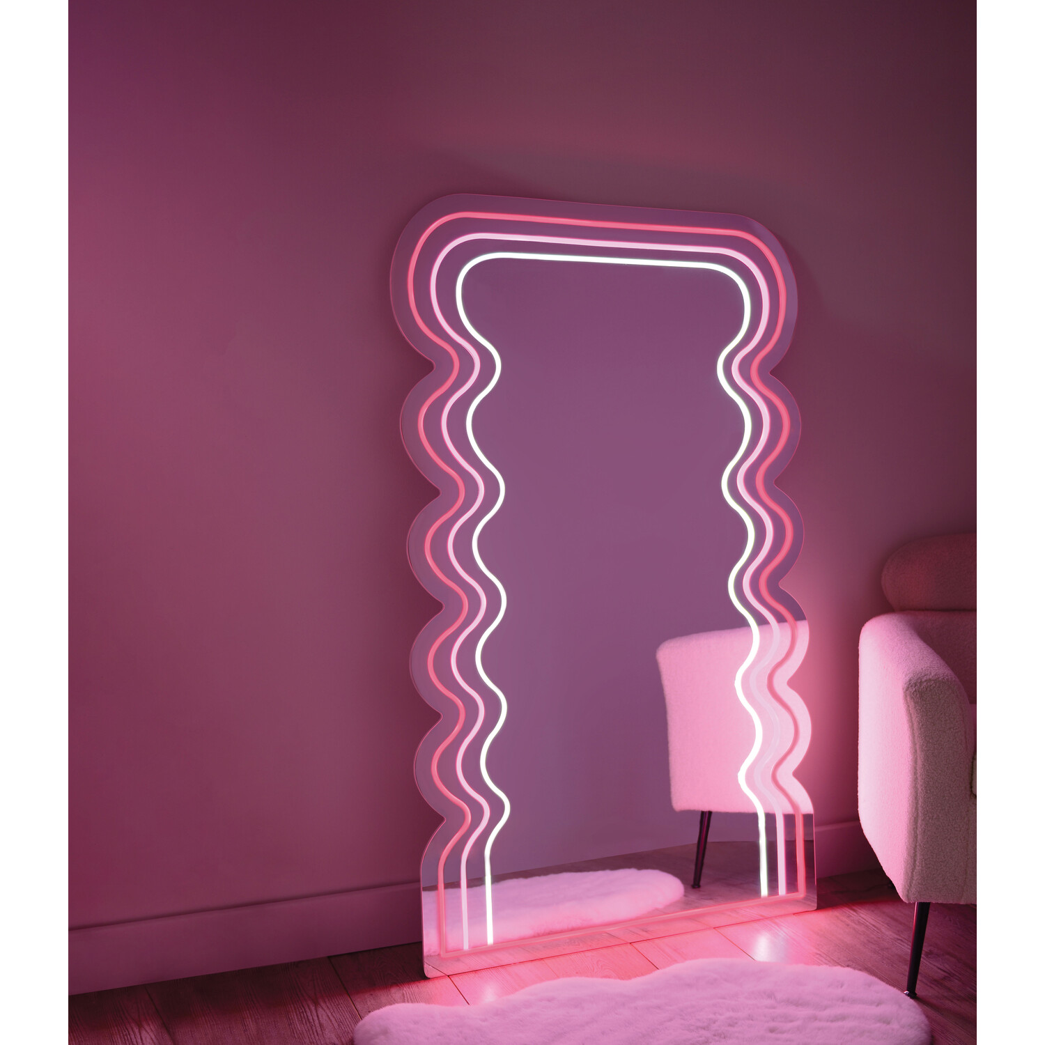 Pink and White Neon Acrylic Wave LED Mirror Image 6